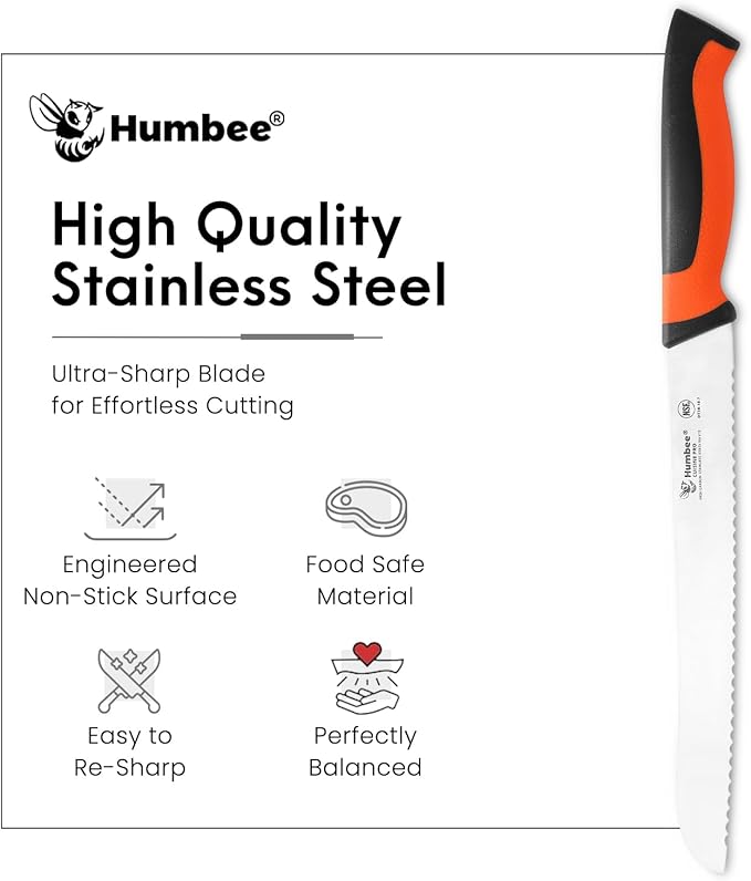 10-Inch Serrated Bread Knife, Premium High Carbon Stainless Steel Blade Knife for Bread with Ergonomic Handle, NSF Certified, DT-30 Series, Orange