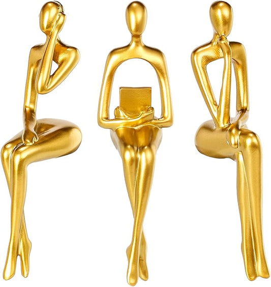 Thinker Statue Gold Decor Abstract Art Sculpture, Golden Resin Collectible Figurines for Home Living Room Office Shelf Decoration,Great Gifts Ideas (Sitting Posture-Gold)