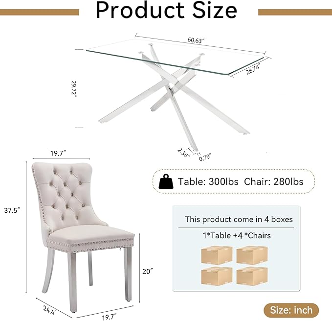 Goujxcy Glass Dining Table Set for 4, Modern Kitchen Table and Chairs Set of 4, 5-Piece Kitchen Dining Room Table Set w/61 Glass Silver Dining Table and 4 Beige Velvet Upholstered Chairs