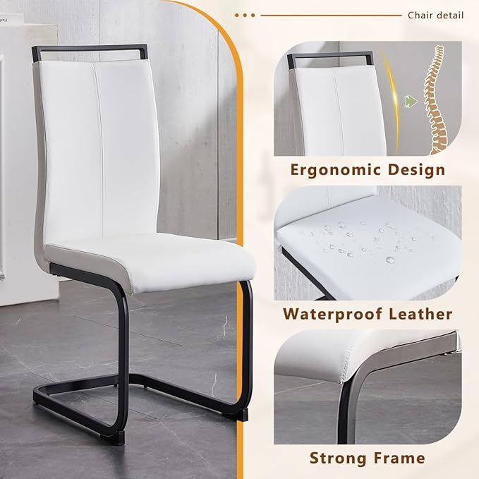 63'' Glass Dining Table Set for 6, Kitchen Table Chairs Set of 6, Clear Glass Dining Table with Black unique design Leg and Silver Metal Base, 6 PU Dining Chairs with Metal Legs, Living Room, Kitchen.