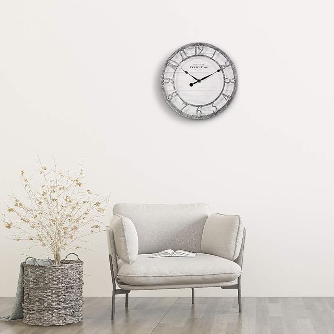 Presentime & Co 10" Farmhouse Series Wall Clock, Quartz Movement, Shiplap Style, Raised 3D Arabic Numeral, Galvanized Finish
