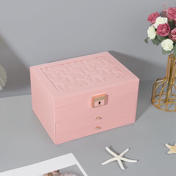 DesignSter Jewelry Box, Jewelry Organizer with 2 Drawers, 3 Layers Leather Jewelry Storage Box with Lock, Jewelry Storage Case for Necklaces Earrings Bracelets and Rings(Pink)
