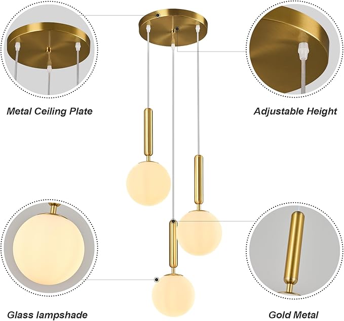 Modern Gold Pendant Light Hanging Fixture Light for Kitchen Island Mid Century with Globe Pendant Light Milk White Glass Pendant Lighting for Living Room Bedroom Entryway (3 Lights)