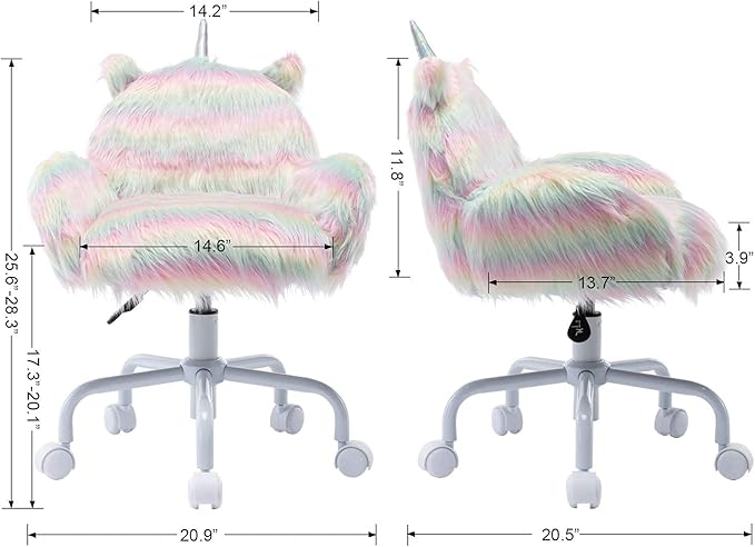 Cute Unicorn Kids Desk Chair with Arms, Swivel Rolling Ergonomic Computer Chair for Girls' Reading and Study, Rainbow Faux Fur Vanity Desk Chair