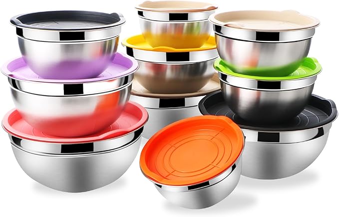 Lazycorner Mixing Bowls with Airtight Lids Set 5 Pcs Stainless Steel Bowls Set Baking Set Non-Slip Silicone Bottoms Great for Serving & Baking