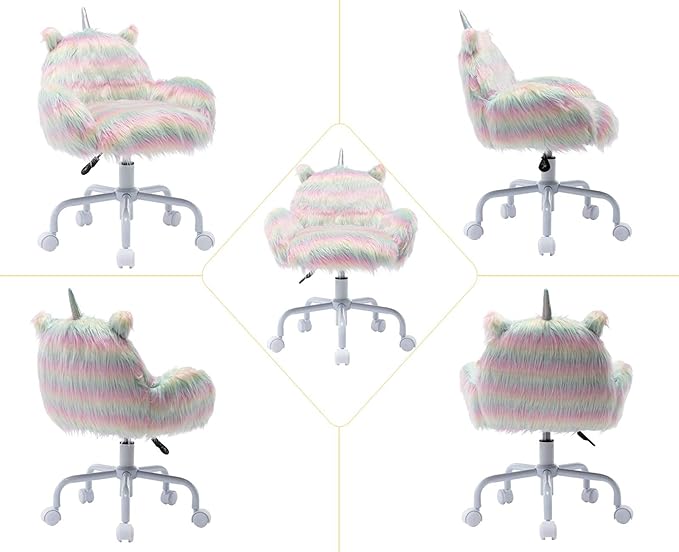 Cute Unicorn Kids Desk Chair with Arms, Swivel Rolling Ergonomic Computer Chair for Girls' Reading and Study, Rainbow Faux Fur Vanity Desk Chair