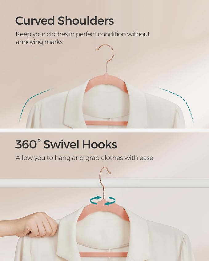 SONGMICS Velvet Hangers 50 Pack, Non-Slip Clothes Hangers, Suit Hangers with Shoulder Notches, Pants Bar, 360° Swivel Hook, Space-Saving, for Closet, Jelly Pink UCRF029PK05