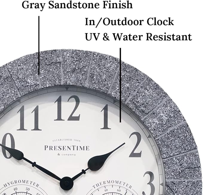 Presentime & Co Sandstone Outdoor Clock with Thermometer & Hygrometer as All in one Weather Station, 14", Gray Sandstone Finish. Weather Thermometer, Outdoor Décor, Wall Décor.