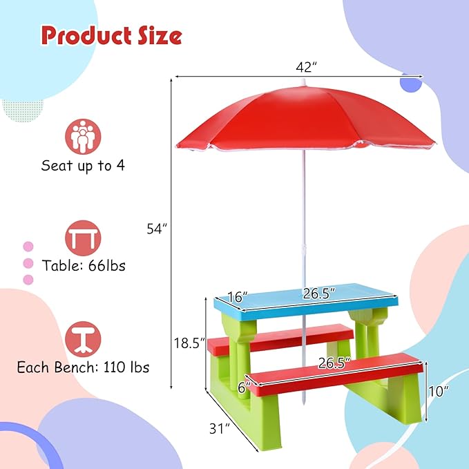 DORTALA Kids Picnic Table, Outdoor Toddler Table and Bench Set with Removable Umbrella, Plastic Kids Activity Table Set for Backyard, Garden, Nursery, Gift for Boys Girls Age 3+, Red