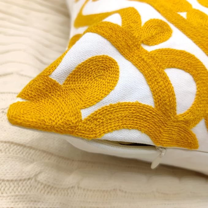 Alysheer Embroidered Decorative Throw Pillow Covers 18"x18" Set of 2 Pieces, Cozy Boho Mandala Knit Pattern, Durable 100% Cotton Canvas,Mustard Yellow Cushion Cases for Sofa Couch Living Room (Gold)