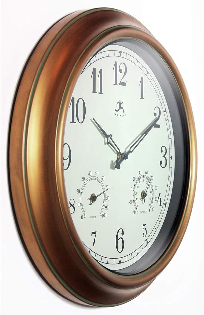 Infinity Instruments Craftsman 18 inch Copper Petina Outdoor Clock Thermometer Combo Patio Waterproof Large Wall Weather Station Weatherproof Decorative Outdoor Wall Clock Thermometer Hygrometer