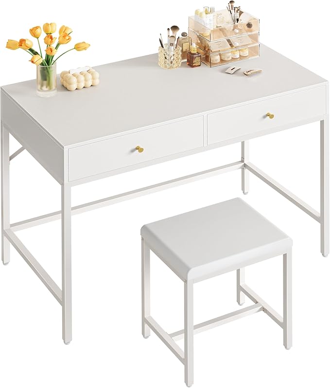 SUPERJARE 35.4" White Desk with 2 Drawers, Modern Makeup Vanity with Padded Stool, Small Computer Desk Home Office Desk for Writing Study Bedroom