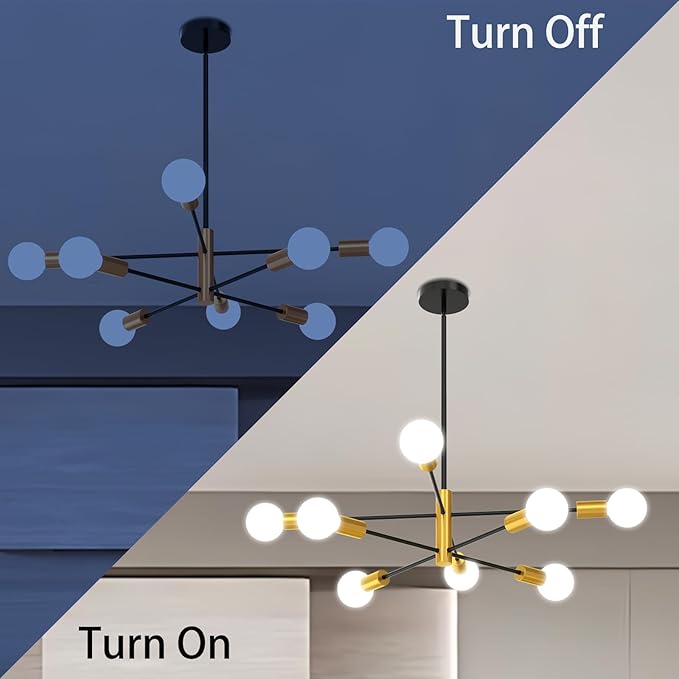 Sputnik Ceiling Light Fixture Chandelier, 8-Light Dining Room Light Over Table Height Adjustable Mid Century Hanging Light Fixture E26 Pendant for Bedroom Kitchen Livingroom 53InchH Gold+Black
