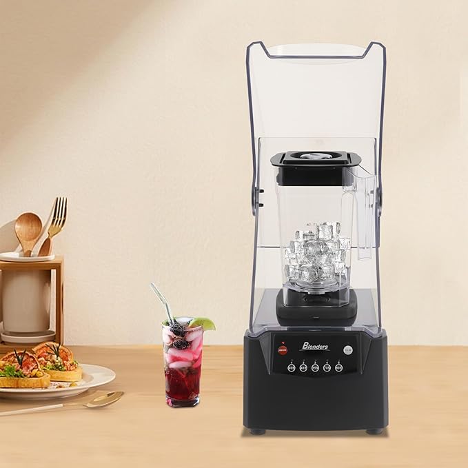 1.8L Professional Commercial Blender with Soundproof Cover, 2600W Industries Strong and Quiet Professional-Grade Power, with Custom Time and Removable Blades, Black