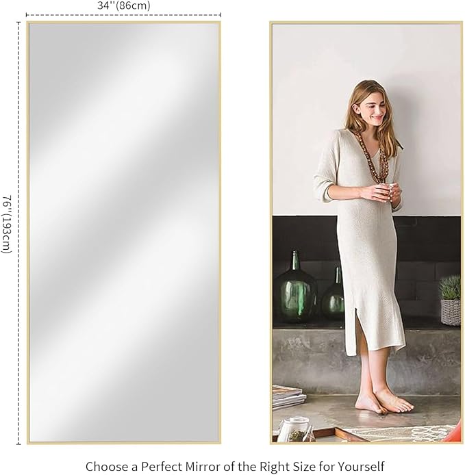 Koonmi 76"x34" Mirror Full Length, Gold Oversized Full Length Mirror with Stand, Large Gold Mirror for Bedroom Living Room, Leaning, Standing or Hanging Horizontally/Vertically