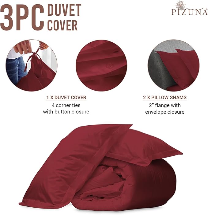 Pizuna Pure 100% Cotton King Duvet Cover Set, Luxurious 400 Thread Count Long Staple Cotton Sateen Weave with Button Closure (Combed Rio Red Cotton Duvet Cover King)