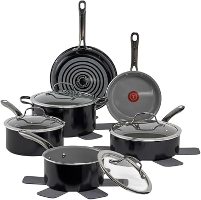 T-fal Preserve Ceramic, Non stick Cookware Set 13-Piece, Oven & Broiler Safe up to 350ยฐF, Includes Stockpot, Saucepans, Frying Pans, Protectors, Pots and Pans, Black