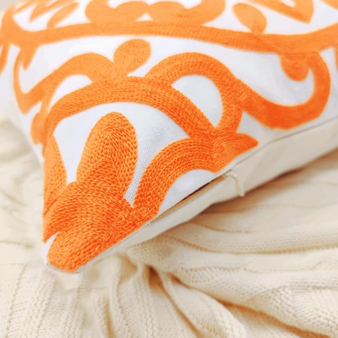 Alysheer Embroidered Decorative Throw Pillow Covers 18"x18" Set of 2 Pieces, Classic Boho Mandala Knit Pattern, 100% Cotton Canvas Cozy Vibrant Cushion Cases for Sofa Couch Living Room (Bright Orange)