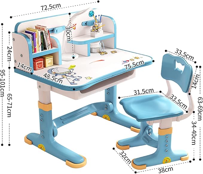 Kids Desk and Chair Set, Height Adjustable Children Study Desk, Golden Distance Preventing Myopia Design, Children Study Desk with Spacious Storage Drawer for Boys Girls School Home Study Tool (Blue)