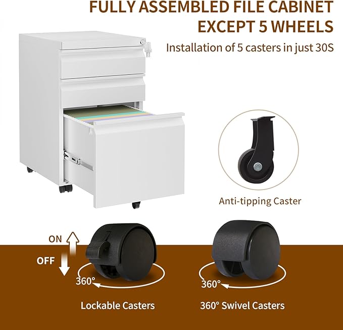 Metal Mobile File Cabinet with Lock and 4 Keys - Fully Assembled, Under Office Desk 3 Drawers Filing Cabinet for Home Office with Anti-tilt Wheels, A4/Legal/Letter Hanging File Drawers