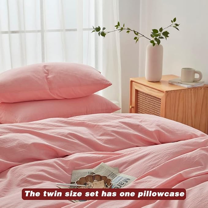 FACE TWO FACE Bedding Duvet Cover Set100% Washed Cotton Duvet Cover Linen Like Textured Breathable Durable Soft Comfy (Twin, Light Pink)