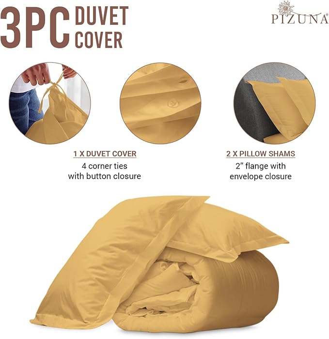 Pizuna Pure 100% Cotton Full Duvet Cover Set, Luxurious 400 Thread Count Long Staple Cotton Sateen Weave with Button Closure (Combed Golden Yellow Cotton Duvet Cover Full)
