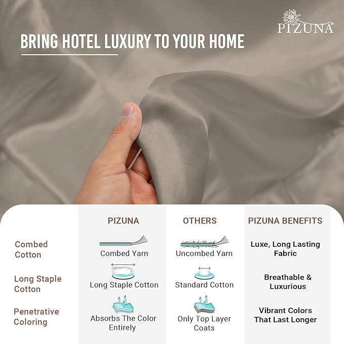 Pizuna 100% Cotton Full 3 Pc Duvet Cover + 1 Pc Fitted Sheet Set 400 Thread Count Simply Taupe Sateen Weave Luxurious Long Staple Cotton 4 Piece Bedding Set-1 Duvet Cover,2 Pillow Shams,1 Fitted Sheet