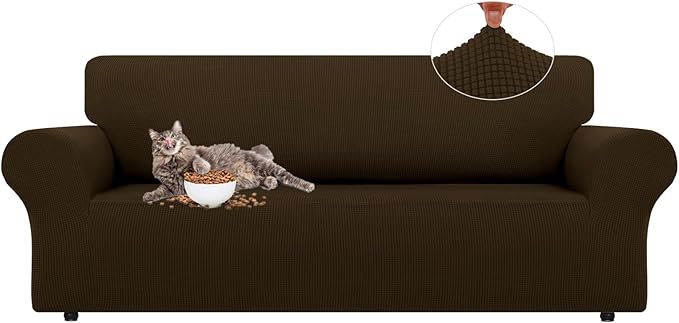LURKA Stretch Sofa Slipcovers 1 Piece Couch Covers for 3 Cushion Couch Sofa Furniture Protector Full Sofa Covers with Elastic Bottom for Kids and Dog (Brown, Large)