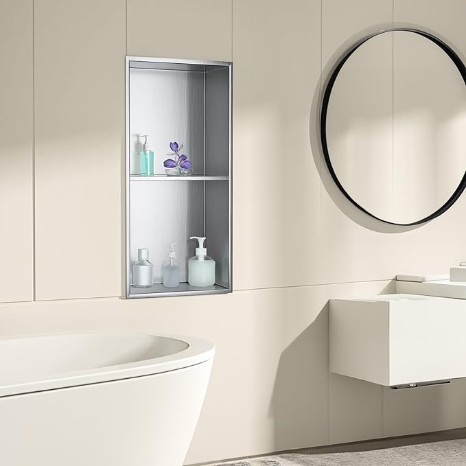 SaniteModar Shower Niche, Stainless Steel Shower Niche 12" X 24" No Tile Needed, Recessed for Bathroom Storage, Brushed Silver Double (Brushed Silver, 12x24,Double)