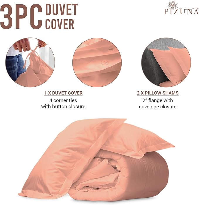 Pizuna Pure 100% Cotton King Duvet Cover Set, Luxurious 400 Thread Count Long Staple Cotton Sateen Weave with Button Closure (Combed Coral Pink Cotton Duvet Cover King)