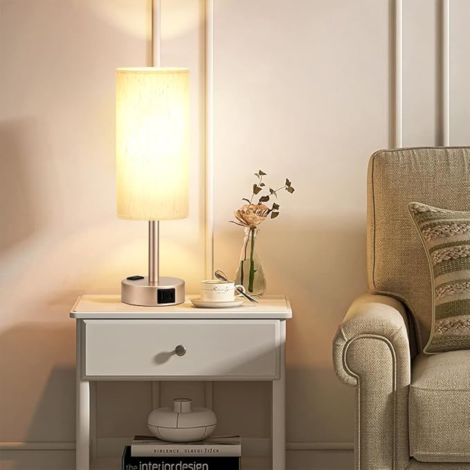 Bedside Table Lamp for Bedroom - 3 Way Dimmable Touch Lamp USB C Charging Ports and AC Outlet, Small Lamp Gold Base Round Flaxen Fabric Shade for Living Room, Desk, LED Bulb Included