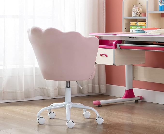 chairus Cute Kids Desk Chair Velvet Living Room Accent Armchair Upholstered Teens Vanity Chair with Seashell Back, Adjustable Swivel Children Study Chair for Computer Homework, Pink