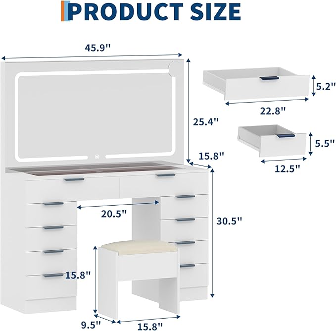 Vanity Desk with Large Mirror and Lights, Makeup Vanity Desk Set with Power Outlet, Stool, 10 Drawers Storage, Magnifying Glass, Hairdryer Holder, 3 Lighting Color Adjustable for Bedroom (White)
