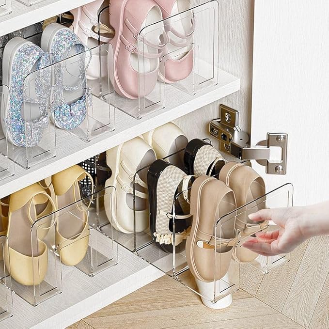 4 Pack Clear Acrylic Kids Shoe Rack for Closet Organizers and Storaget, Baby Shoe Storage Small Shoe Rack 4 Sections Kids Shoe Organizer Stackable,Desk File Sorter Book Purse Organizer