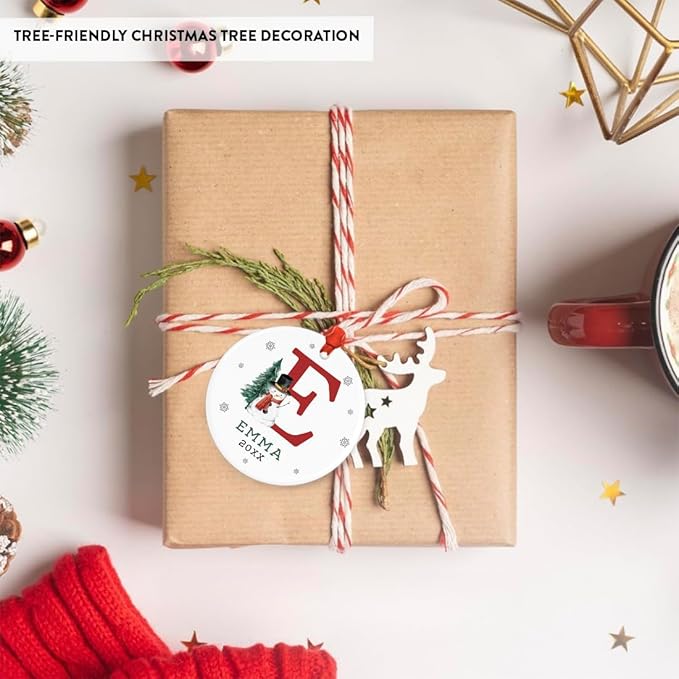 Andaz Press Personalized Christmas Ornament, Custom Name, Initial E Monogram Snowman 2.8" Ceramic Porcelain 2025 Christmas Ornament Keepsake for Kids, Boys, Girls, 1-Pack Initial Ornaments