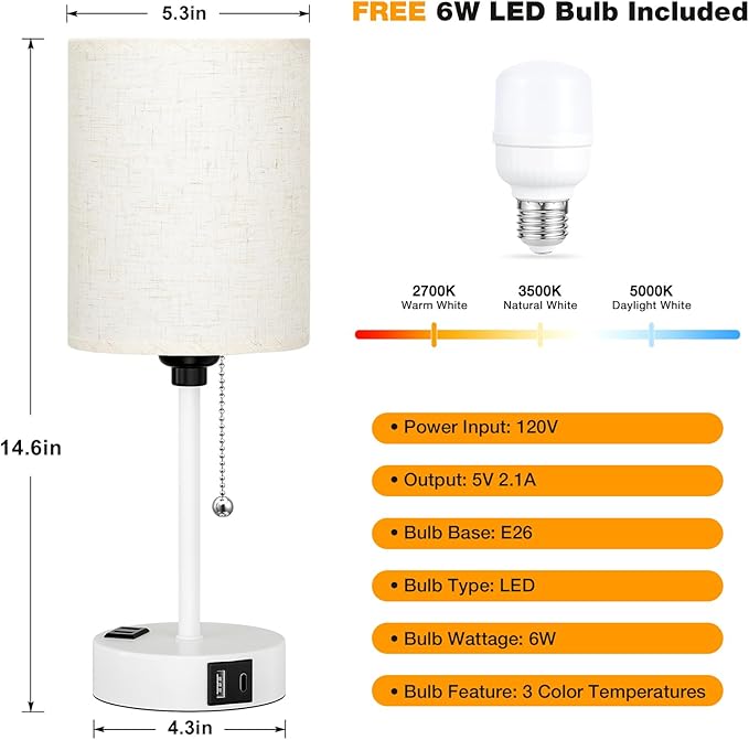 Small Bedside Lamp for Bedroom Nightstand - 2700K 3500K 5000K Bedside Lamps with USB C and A Ports, Pull Chain Table Lamps with AC Outlet, Nightstand Lamps with White Metal Base for Kids Reading