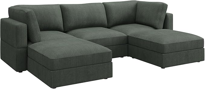HONBAY Modular Sectional Sofa with Storage Corduroy U Shaped Sofa Modular Sectional Couches for Living Room,Green
