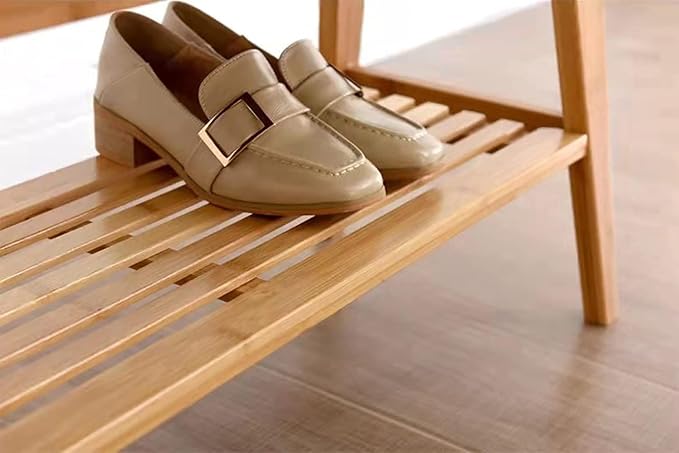 Bamboo Shoe Bench, Entryway Bench, 2 Tier Shoe Rack Bench (Nature,35.4'')