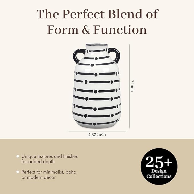 Young's Inc Ceramic Black and White Vase – Modern Minimalist Monochrome Decorative Flower Vase for Home, Office, Wedding, and Centerpieces, 7” Tall