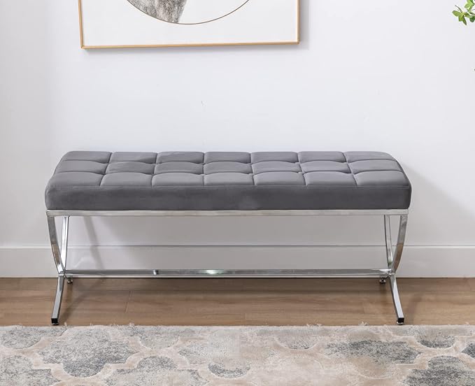 EALSON Modern Entryway Bench Velvet Upholstered Dining Bench with Metal Base Button Tufted Ottoman Bench with Padded Seat Accent Foot Bench for Bedroom End of Bed/Living Room, Grey