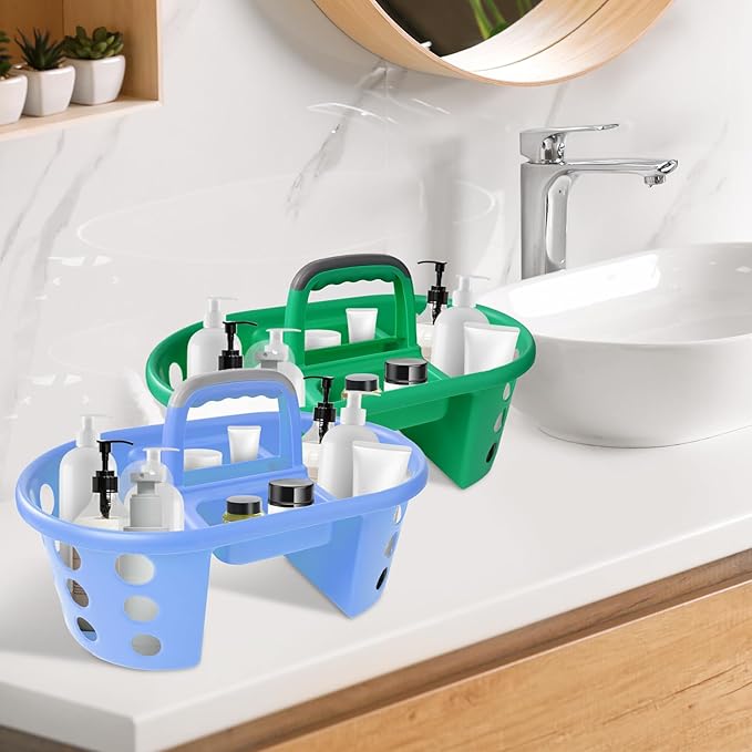 Large Shower Caddy Portable 2PC - Made in USA Plastic Jumbo Size Dorm Storage Candy Tote with Handle Shower Organizer for Bathroom, Pantry, Kitchen, College Dorm, Green/Periwinkle
