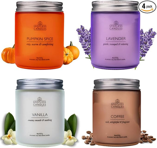 Candles for Women - 4 x 8oz Coloured Glass Jars 3" x4 Mixed Set of Classic Scents Pumpkin Spice, Coffee, Vanilla, Lavender 200 Hours Long Burn Time