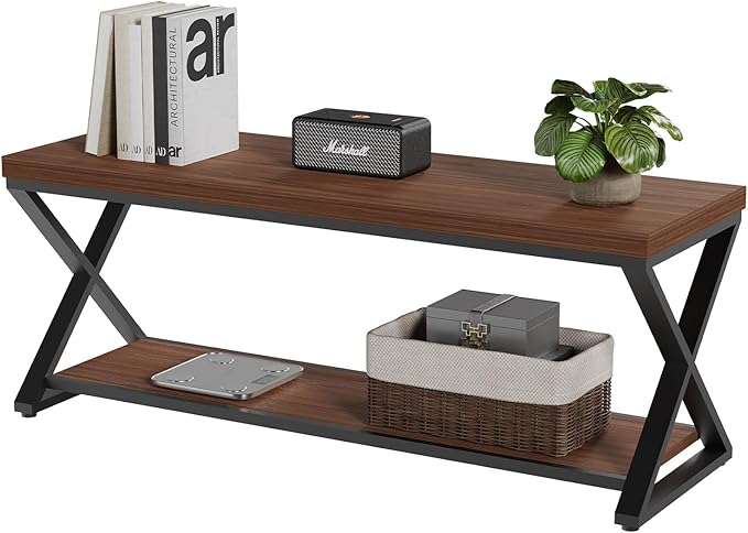 IBF Wood Entryway Bench Indoor, Industrial Wooden Metal Entry Shoe Storage Bench in Bedroom, Farmhouse Hallway Shoe Rack Bench Seating for Foyer Living Dining Room End of Bed, Walnut, 47 Inch