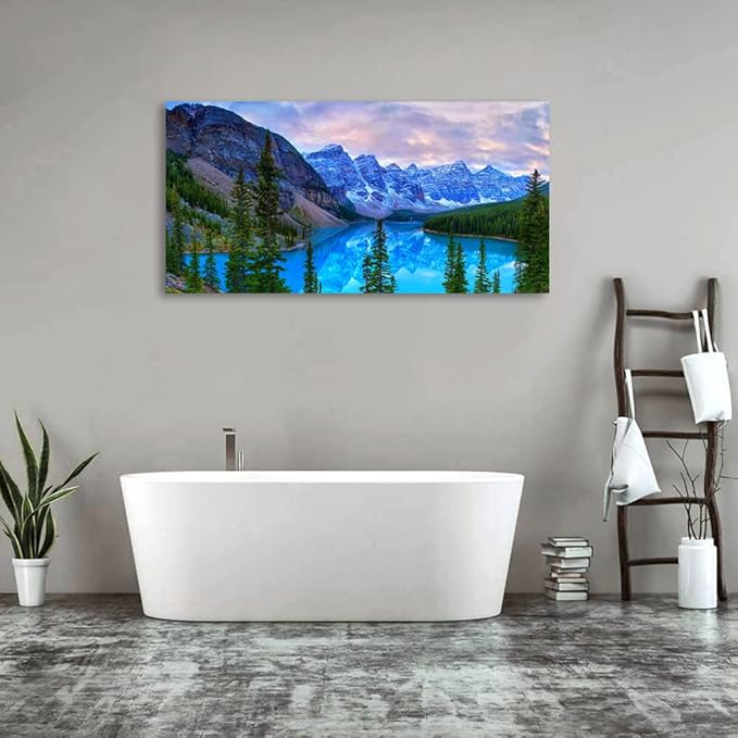 Mountain Lake Wall Art Living Room Wall Decor Banff National Park Nature Landscape Canvas Picture Blue Sky Water Forest Canvas Print Artwork for Bedroom Office Home Framed Ready to Hang 20" x 40"