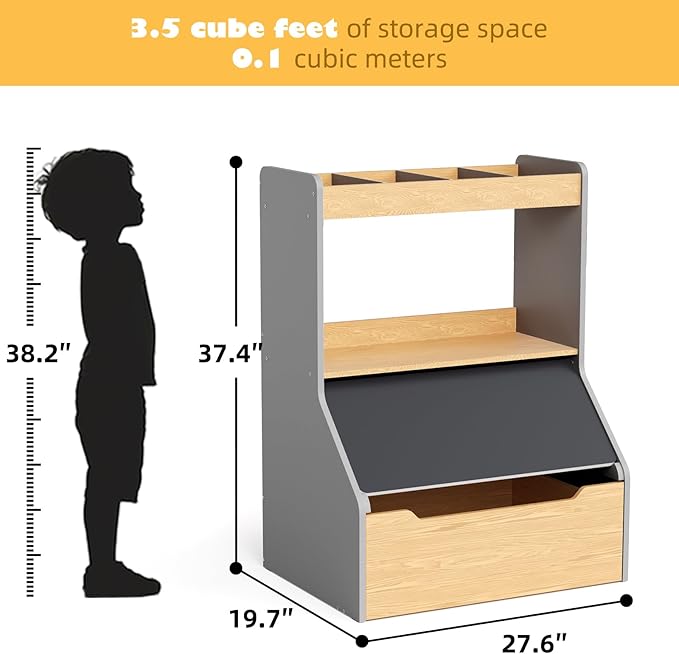 KORIMEFA 37.4" Tall Toy Box & Chalkboard Lid Wood Toddler Bookcase and Kid Toy Storage Bin & Organizer, Gray