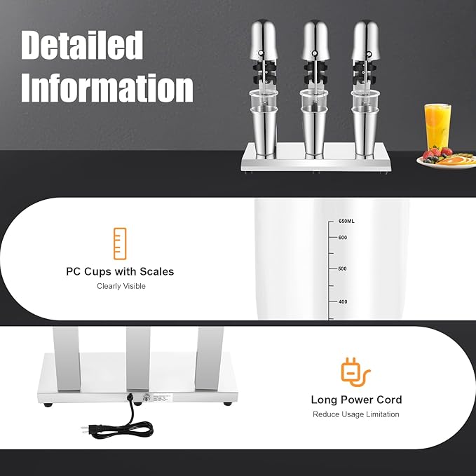 Electric Milkshake Maker, Commercial Stainless Steel Milk Shake Machine, Drink Mixers, 18000r/min & 650ml/Cup, Smoothie Milk Foam Tea Mixer Blender + 6 Cups, 180W 110V (3 Head)