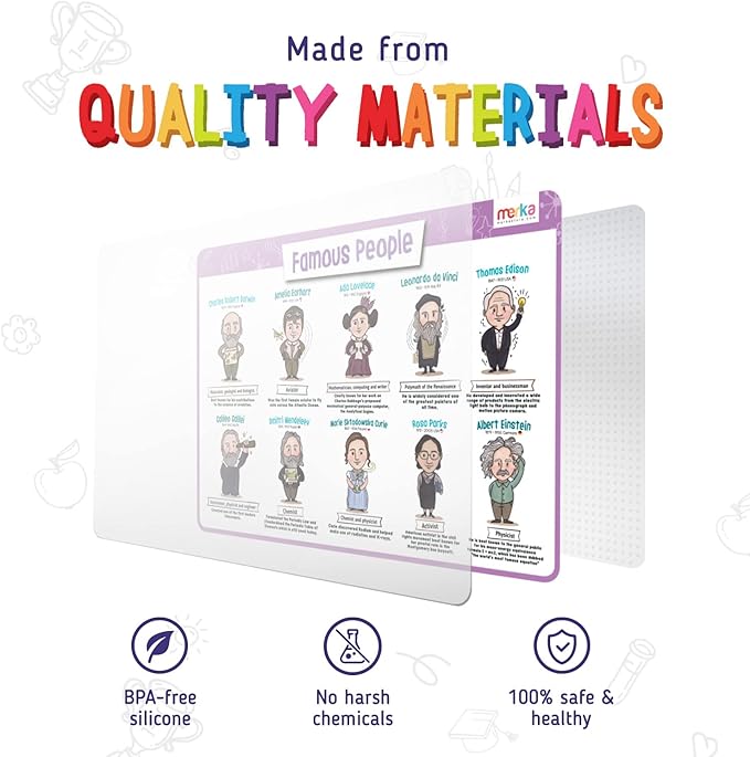 Merka Kids Placemats Set of 4 – Reusable US Map & US Presidents, Famous People & Periodic Table for Kids Dining - Dining Table Set for 4 Placemats