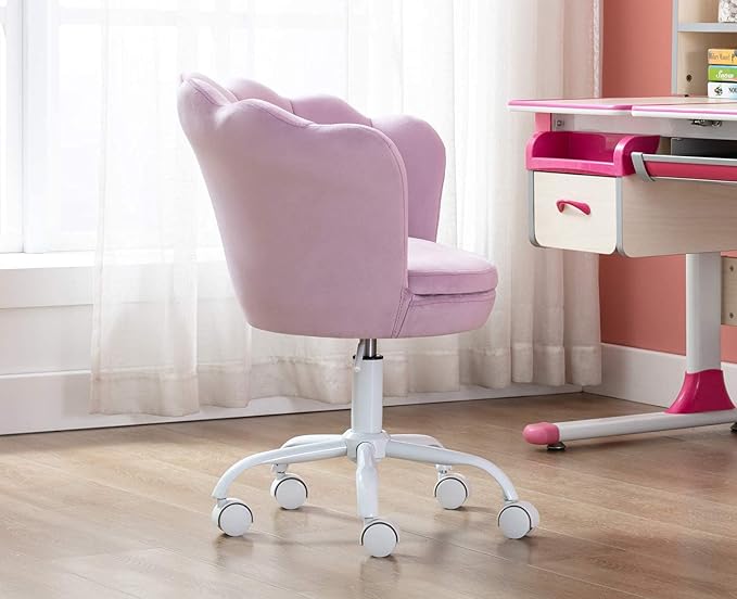 DM Kids Desk Chair Ergonomic Reading Study Adjustable Computer Chair for Students Cute Modern Upholstered Velvet Swivel Rolling Arm Chair with Seashell Back for Girls Bedroom, Purple