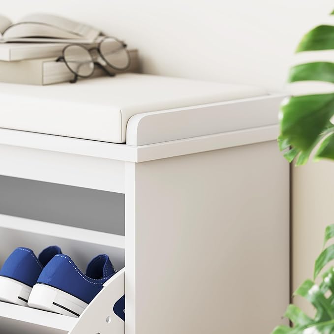 HOMCOM Narrow Shoe Bench with Padded Seat Cushion and Flip-Drawer, Small Entryway Bench Holds up to 265lb, Shoe Cabinet, 31.5x10.2x18.7 Inches, White