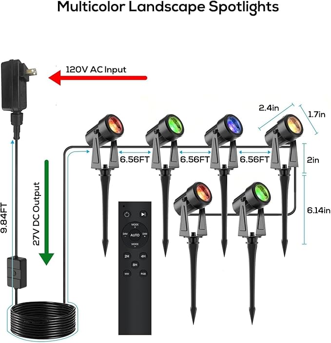 SUNTHIN Outdoor Landscape Lighting with Remote, RGBW Color Changing Spot Uplights, 6 Pack